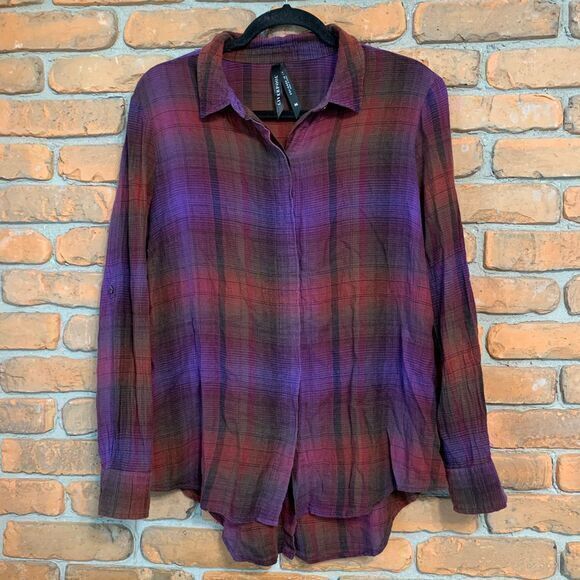 Liverpool Jeans Company Tops - Liverpool Women's Plaid Button Down Crinkled Cotton Lightweight‎ Blouse Purple M
